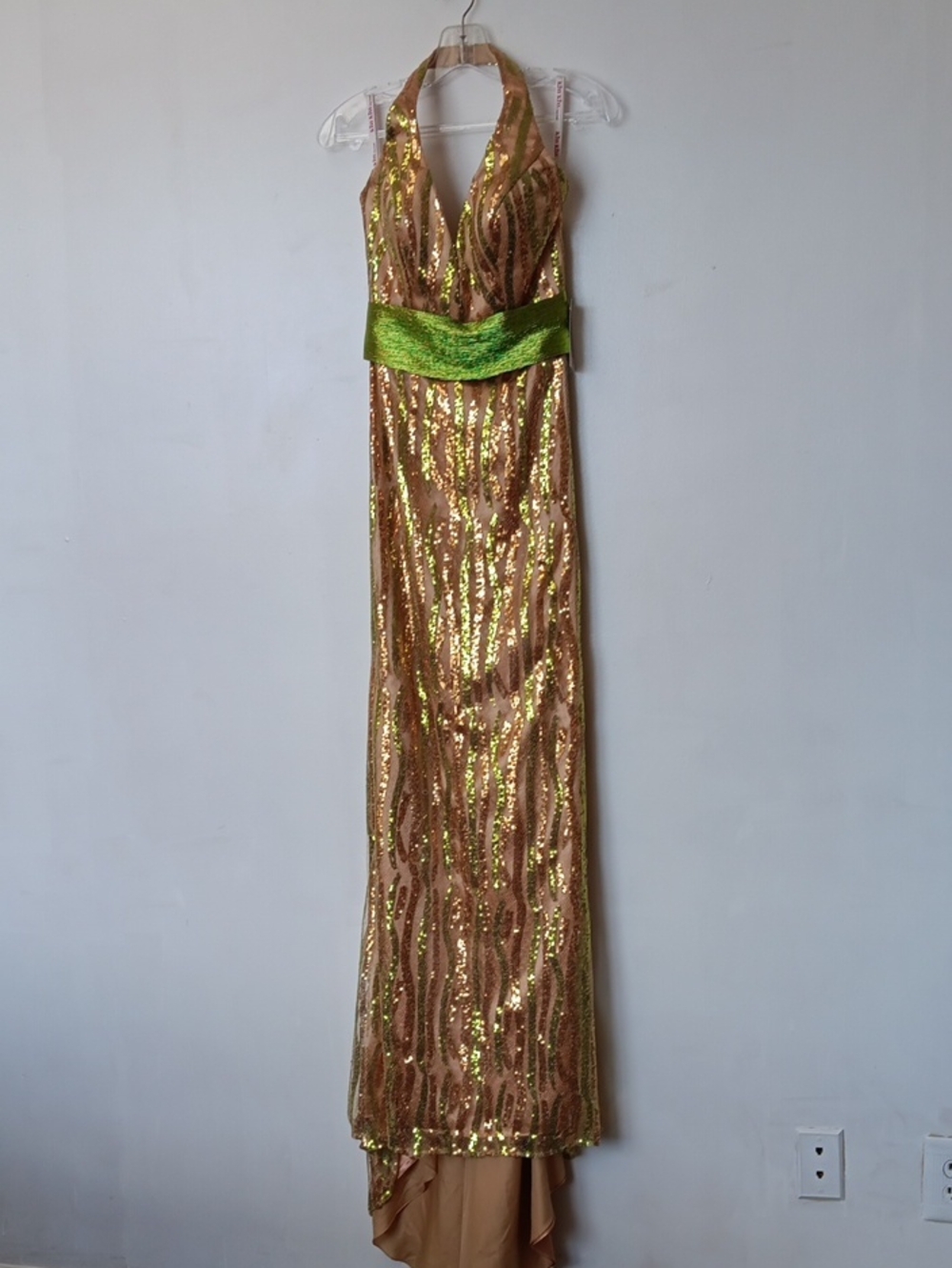 Vintage Gold Sequin Halter Maxi Dress with Green Waistband